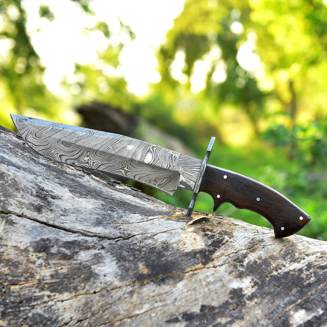 Damascus Steel Antique Bowie Knife for Sale – 13" with Damascus Steel Guard and Rosewood Handle, Includes Leather Sheath