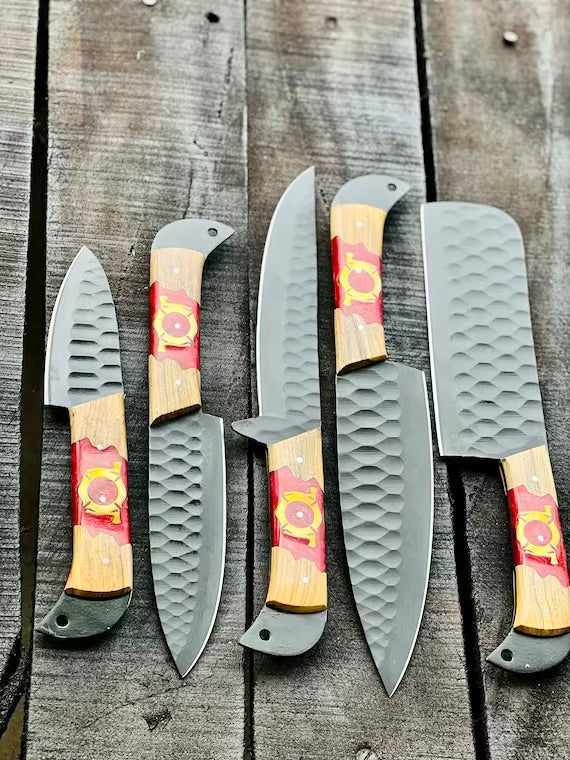 Stainless Steel Knife Set 13" – Forged Blades with Olivewood & Epoxy Handles + Leather Sheath