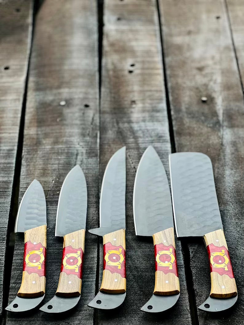Stainless Steel Knife Set 13" – Forged Blades with Olivewood & Epoxy Handles + Leather Sheath