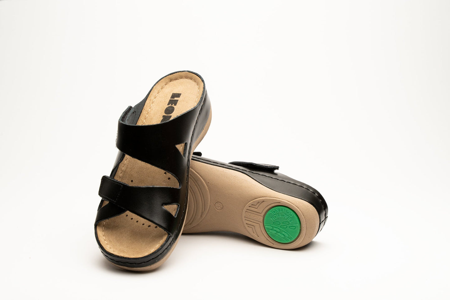 Laura by LEON– Women’s Leather Sandal- Comfort Slide Slip-on with Velcro Straps