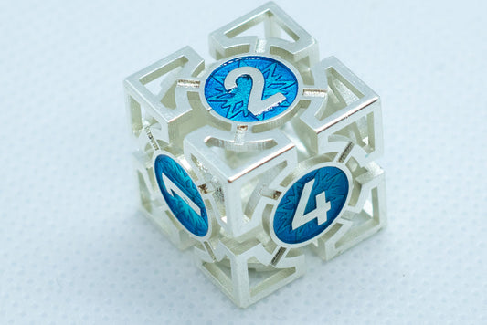Single d6/d20 Tritan Shiny Silver w/Blue Deadly Arrow Dice