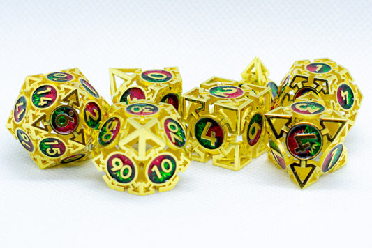 Gold w/Red-Green Deadly Arrow Dice | 7-Dice RPG Set High Visibility