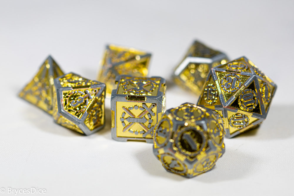 Silver w/Gold Inlay Sword Strengthened Metal 7-Dice Set