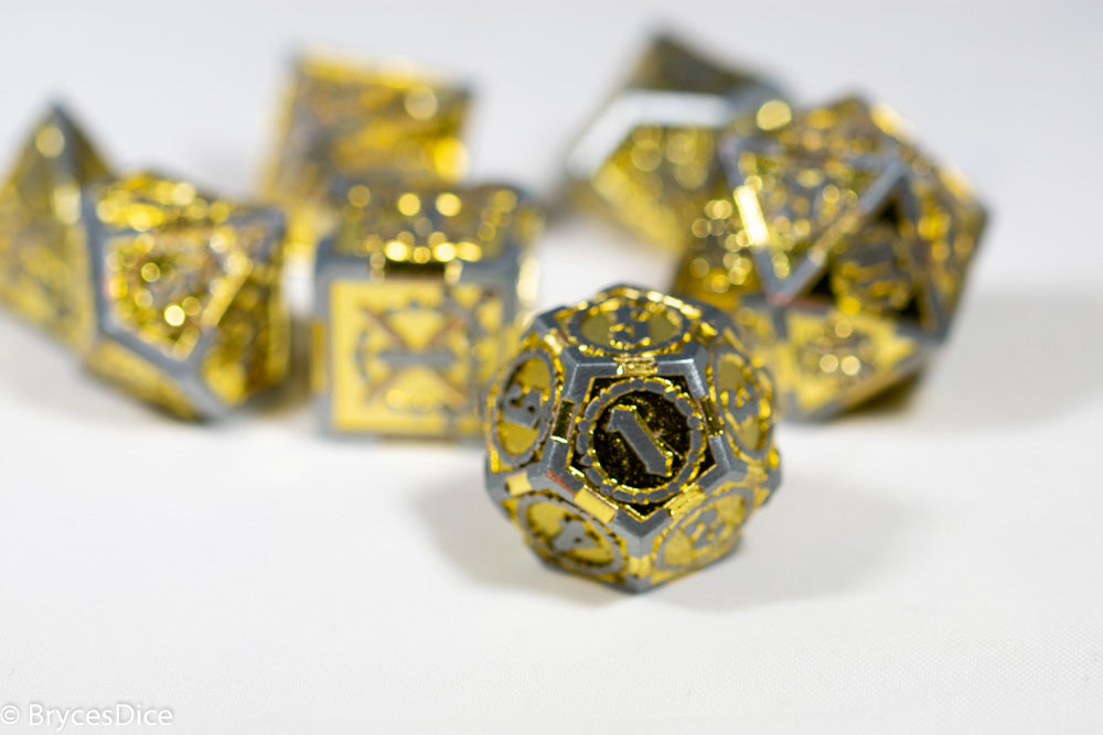 Silver w/Gold Inlay Sword Strengthened Metal 7-Dice Set