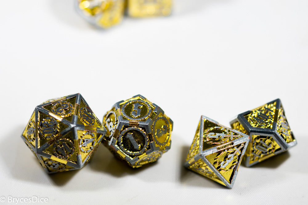 Silver w/Gold Inlay Sword Strengthened Metal 7-Dice Set