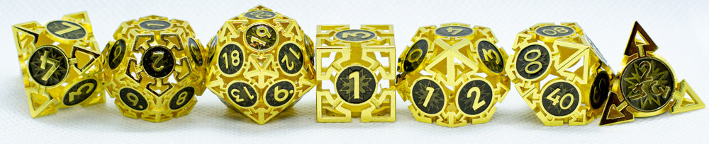 Gold w/Black Deadly Arrow Dice | 7-Dice RPG Set High Visibility