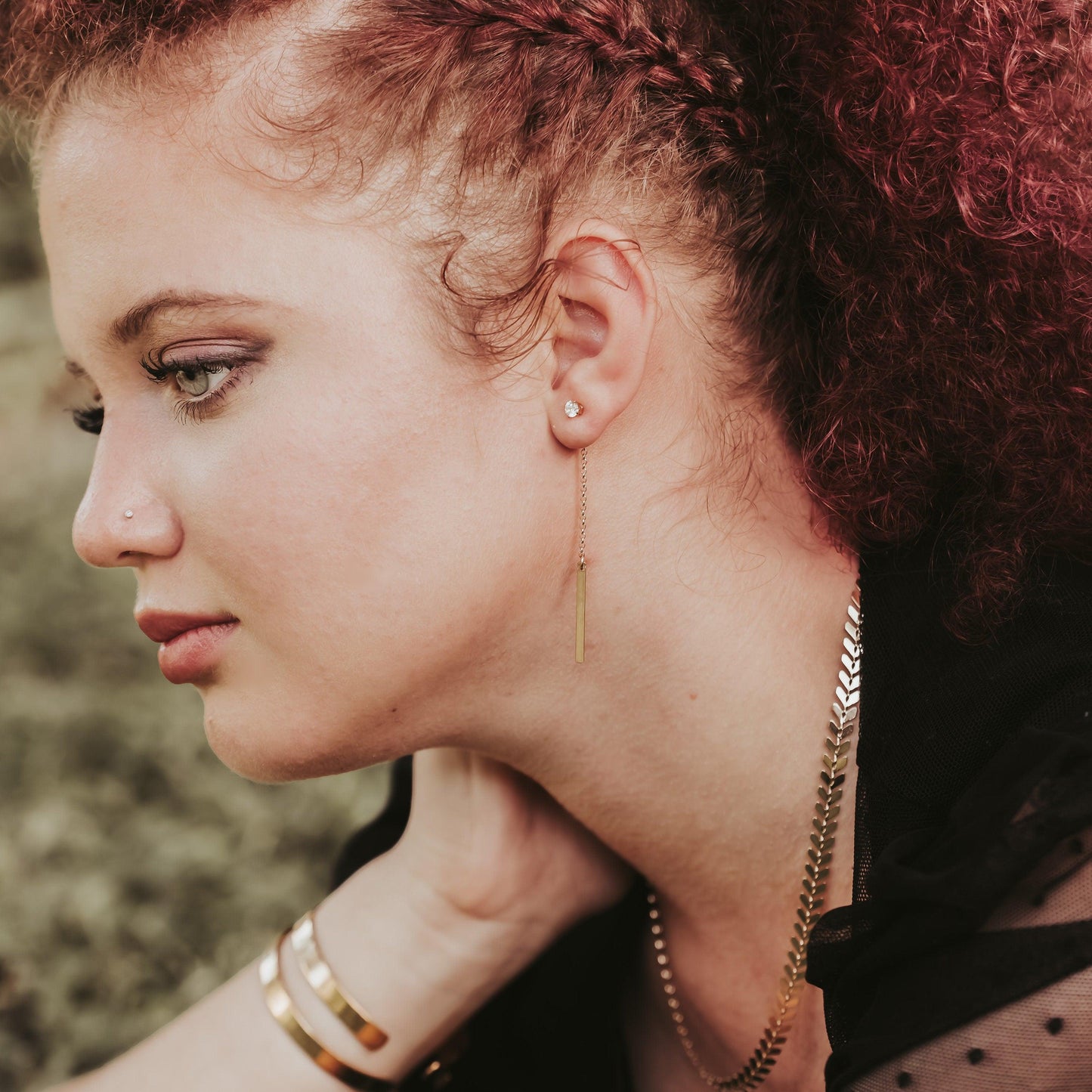 Dainty Rectangle Dangle Gold Earrings