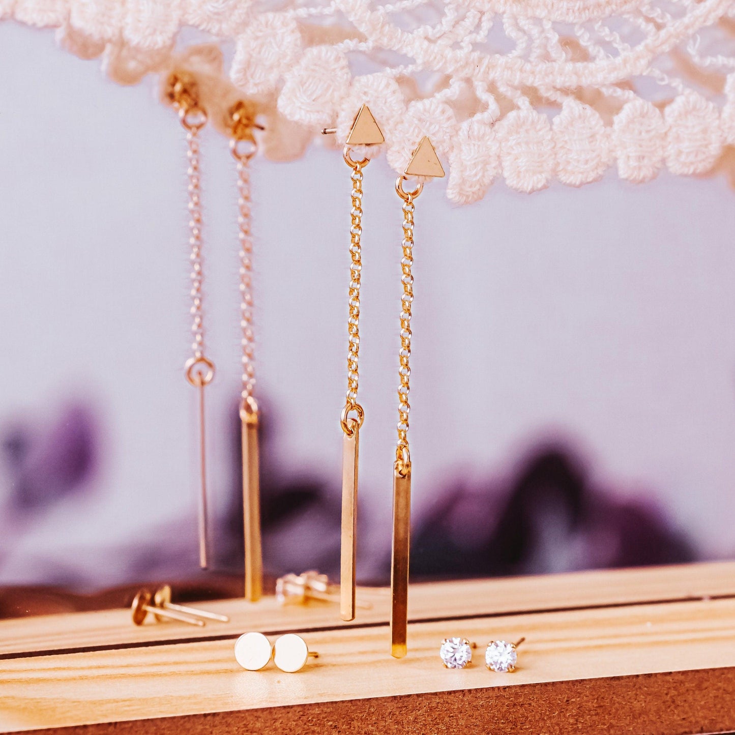 Dainty Rectangle Dangle Gold Earrings