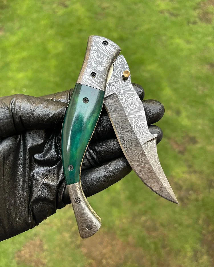 Custom Handmade Damascus Blade EDC Folding Pocket Knife – 3-Inch Blade, Color Bone Handle & Brass Engraved Bolster with Leather Sheath