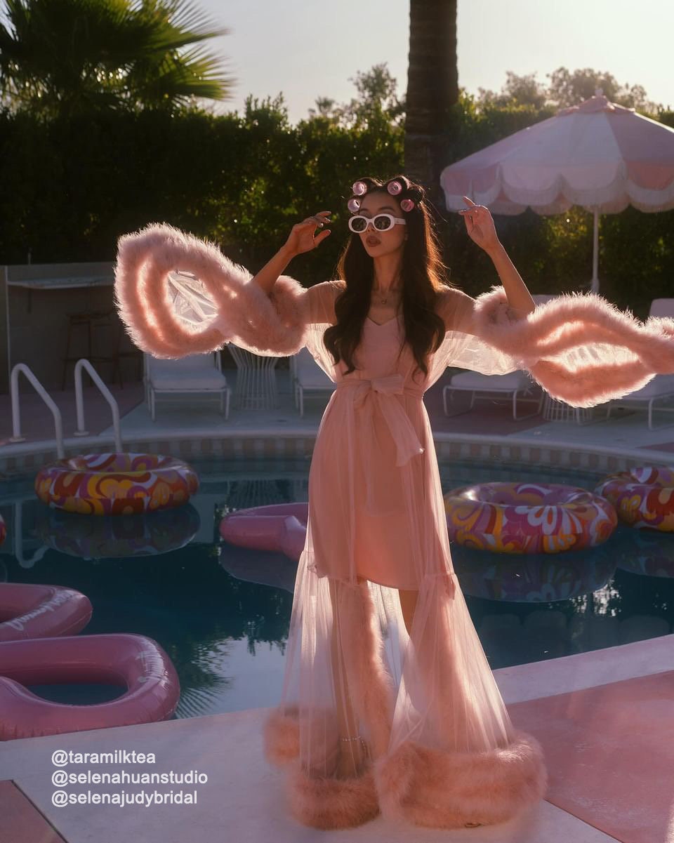 Elegant Luxury 2-Layer Thick Turkey Feather Fringe Hem Long Tulle Robe with Nightgown Multi-Colors