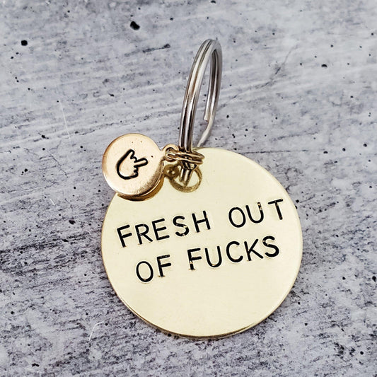 FRESH OUT of FUCKS Brass Keychain with Middle Finger Emoji