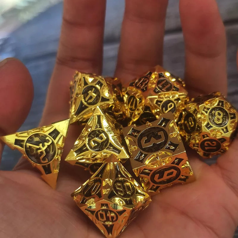 Gold w/black Barbed Strengthened Metal 7-Dice Set | Metal DND Dice