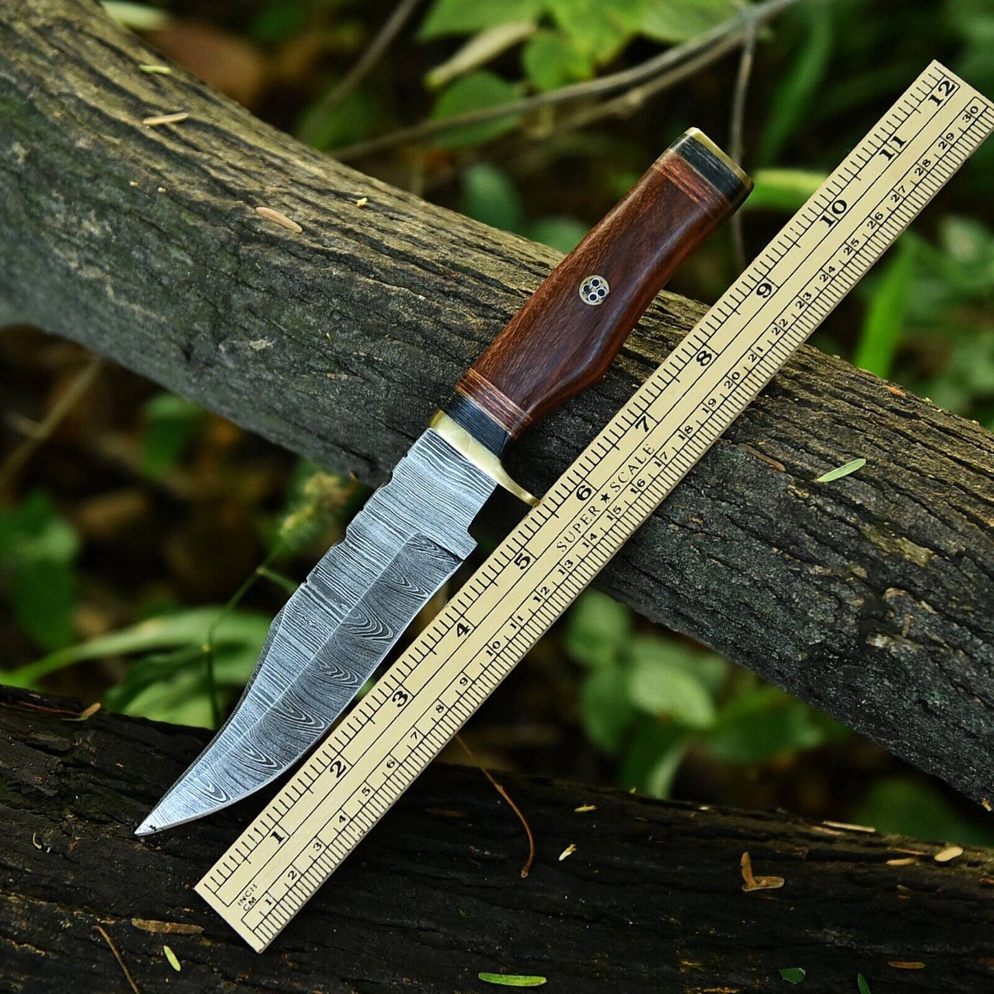 Damascus Steel Hunting Knife – 10" Blade with Brass Guard & Resin Pakkawood Handle, Leather Sheath Included