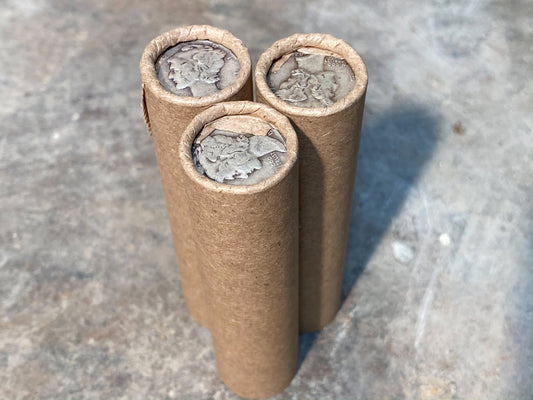 SILVER MERCURY DIME showing on old vintage unsearched old brown wheat penny roll us coins estate collection cent sale pennies lot hoard