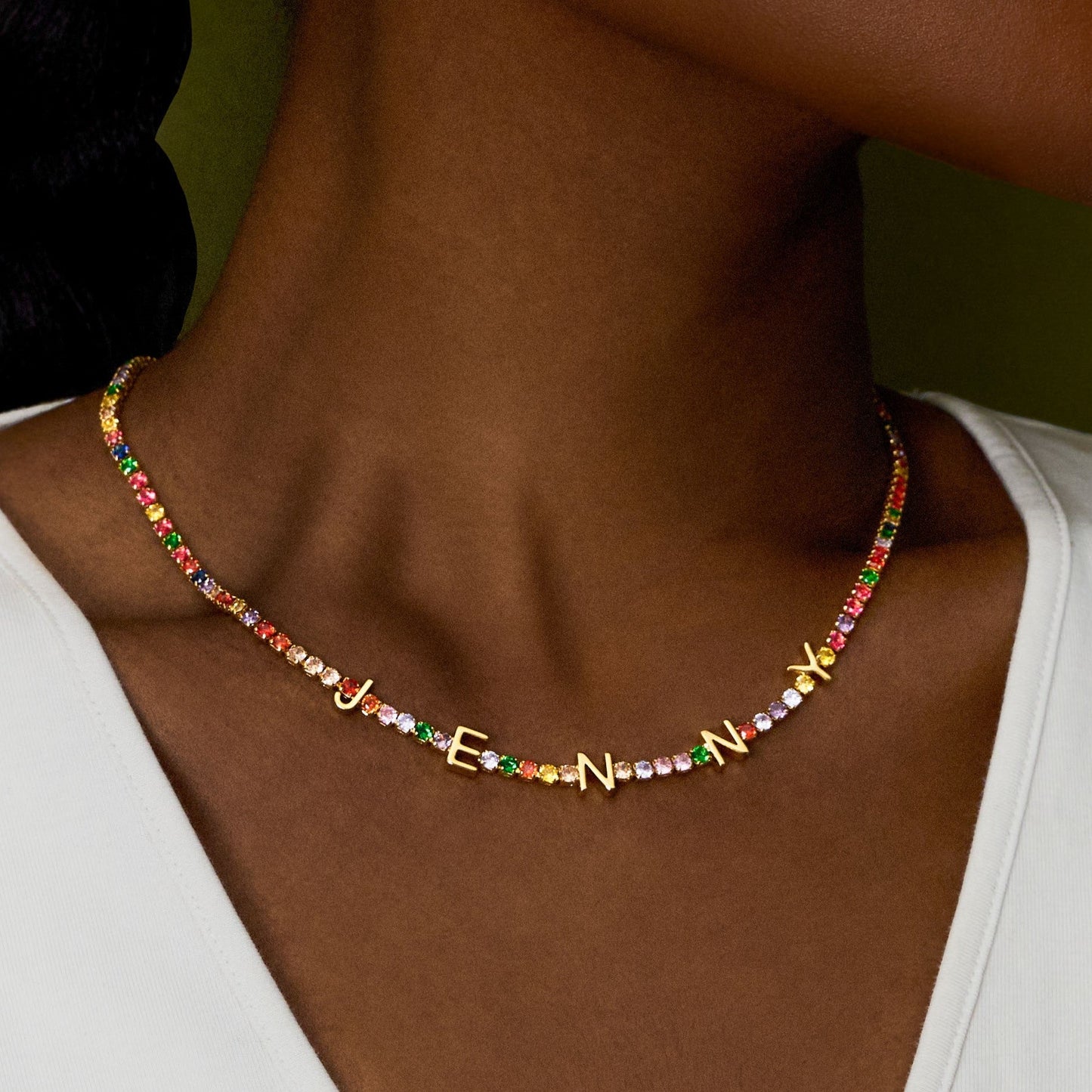 Spaced Out Name Necklace with Rainbow Tennis Chain