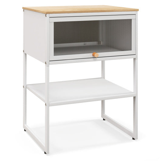 Nightstand with Flip up Door Storage Shelf-White