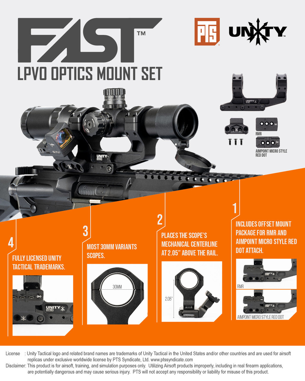 PTS UNITY TACTICAL FAST LPVO OPTICS MOUNT SET (w/RMR AND AIMPOINT RDS OFFSET MOUNTS)