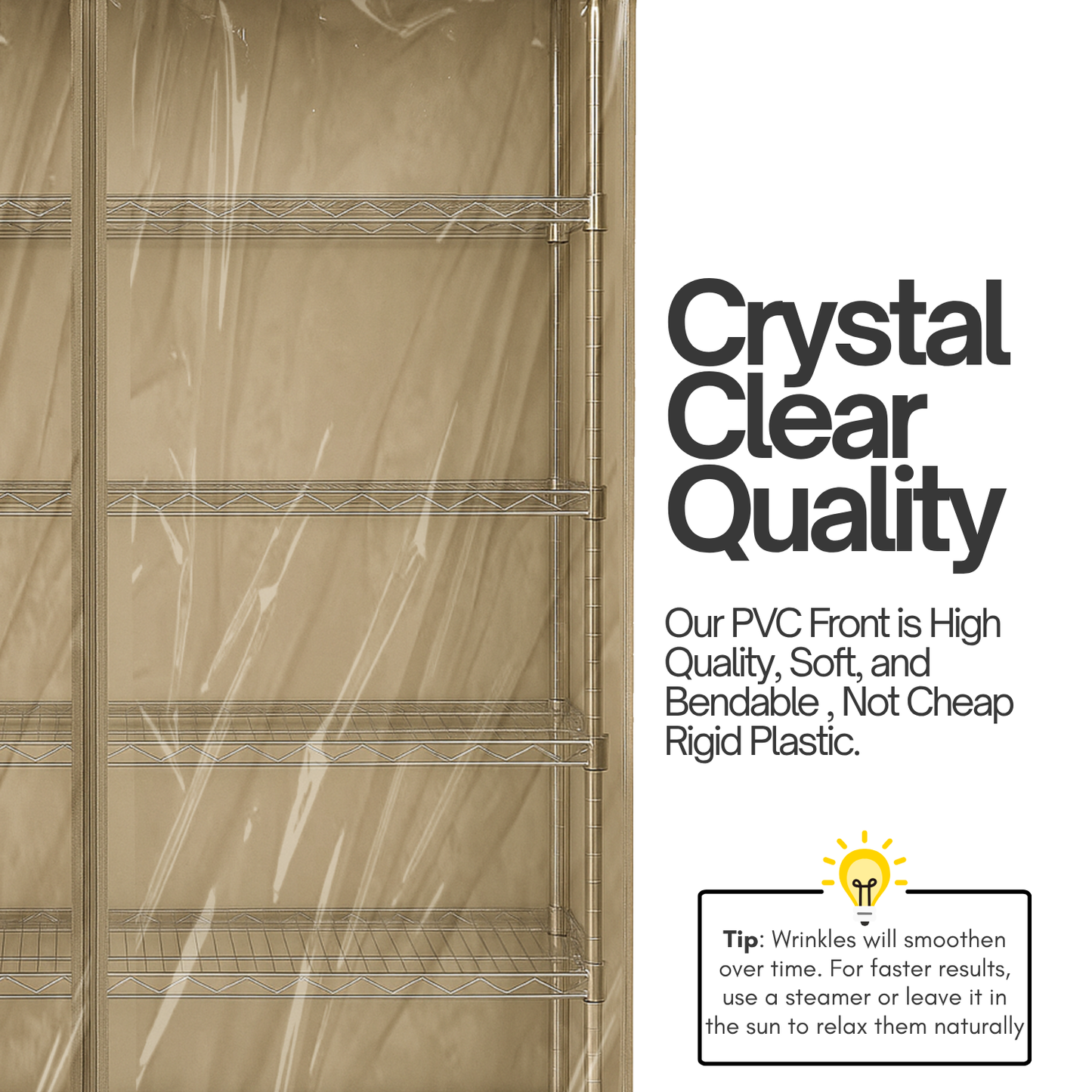 Storage Shelving Unit Cover, fits racks 60"W x 24"D x 72"H one side see through panel in Beige Khaki
