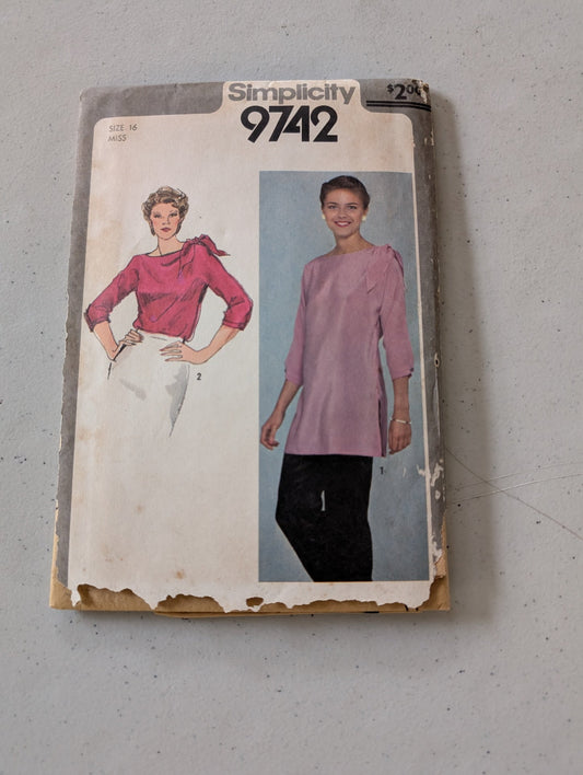 Simplicity 9742 Bateau Boat Neckline Bow Tie Shoulder Tunic Top 36" UK 14(Sewing Pattern Vintage)