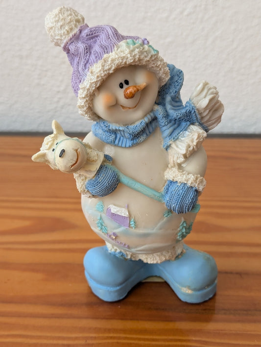 Snowman with Lamb Stick Horse from Unknown - 2000s Holiday Decor (Resin Figurine, Whimsical, Collectible, Cottagecore, Purple, Blue, Cream)
