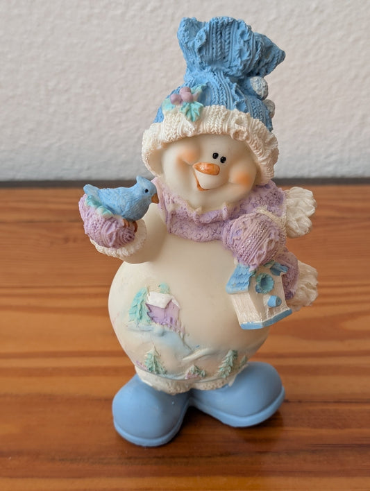 Snowman with Birdhouse from Unknown - 2000s Holiday Decor (Resin Figurine, Whimsical, Collectible, Cottagecore, Blue, Purple, Cream)