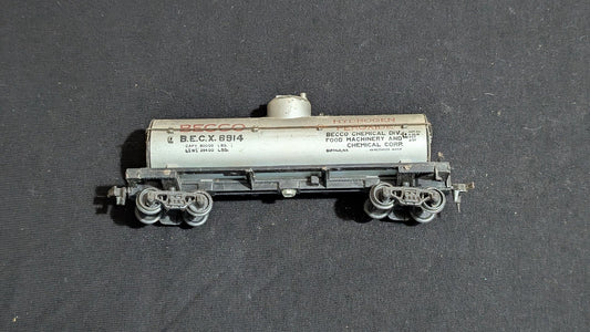 BECCo Hydrogen Peroxide Tank Car Tank Car likely from Athearn - 1960s-1970s HO Scale Model Train (Plastic, Metal Tank Car, Not Applicable, Silver, Black)