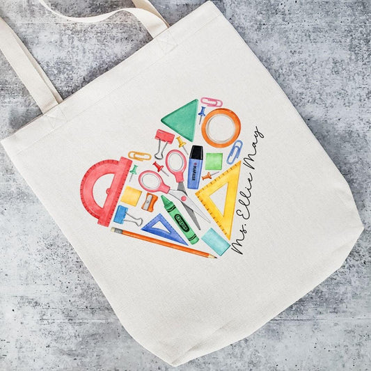 Personalized Watercolor Heart Teacher Tote Bag