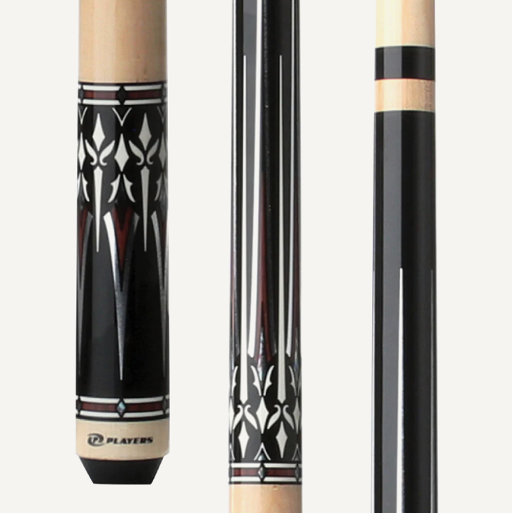 Players Midnight Black w/Cocobolo w/Silver and Mother of Pearl Graphic Accent, Natural Birdsye handle, Wrapless Cue Stick
