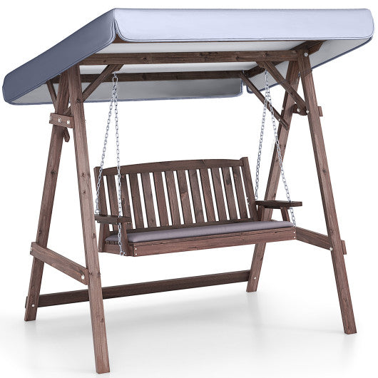 2-Person Porch Swing with Fir Wood Stand and Tilt Canopy-Brown