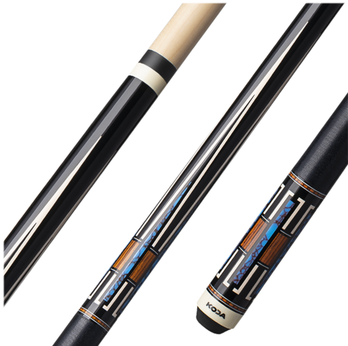 Koda Cue Stick - Black with Blue Recon Overlay, Irish Linen wrap, & Maple Shaft