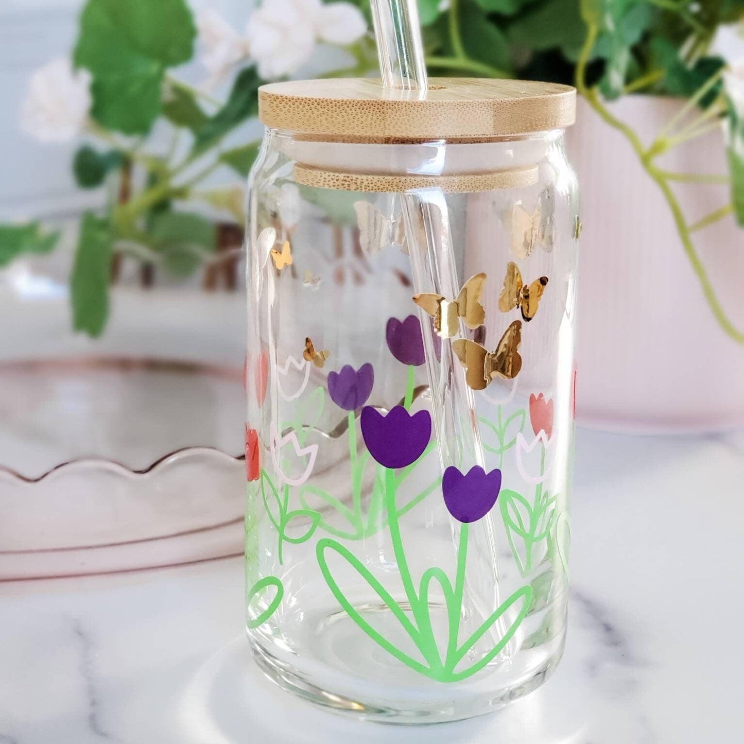 Springtime Flowers Glass Can Cup