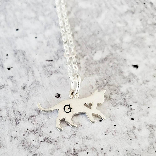 Tiny Cat Initial Pendant Silver Necklace