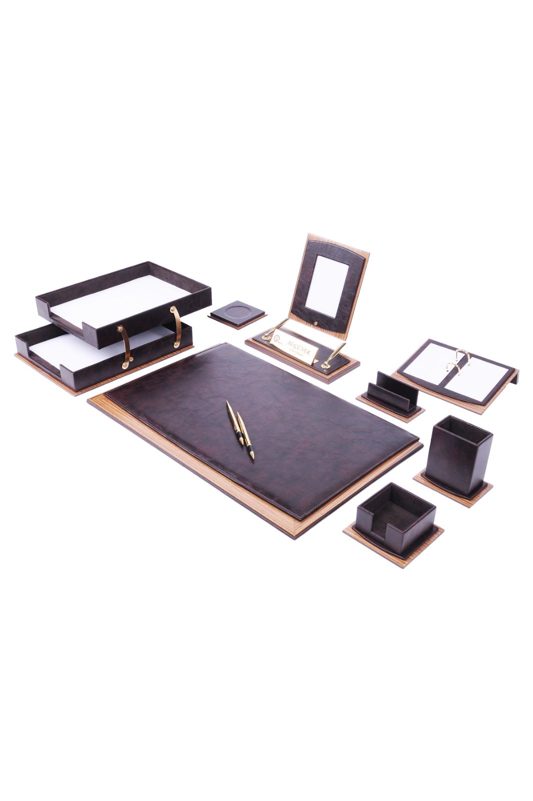 MOOG Star Leather Desk Set -Walnut Wood Combination -Double Document Tray - White-11 PCS