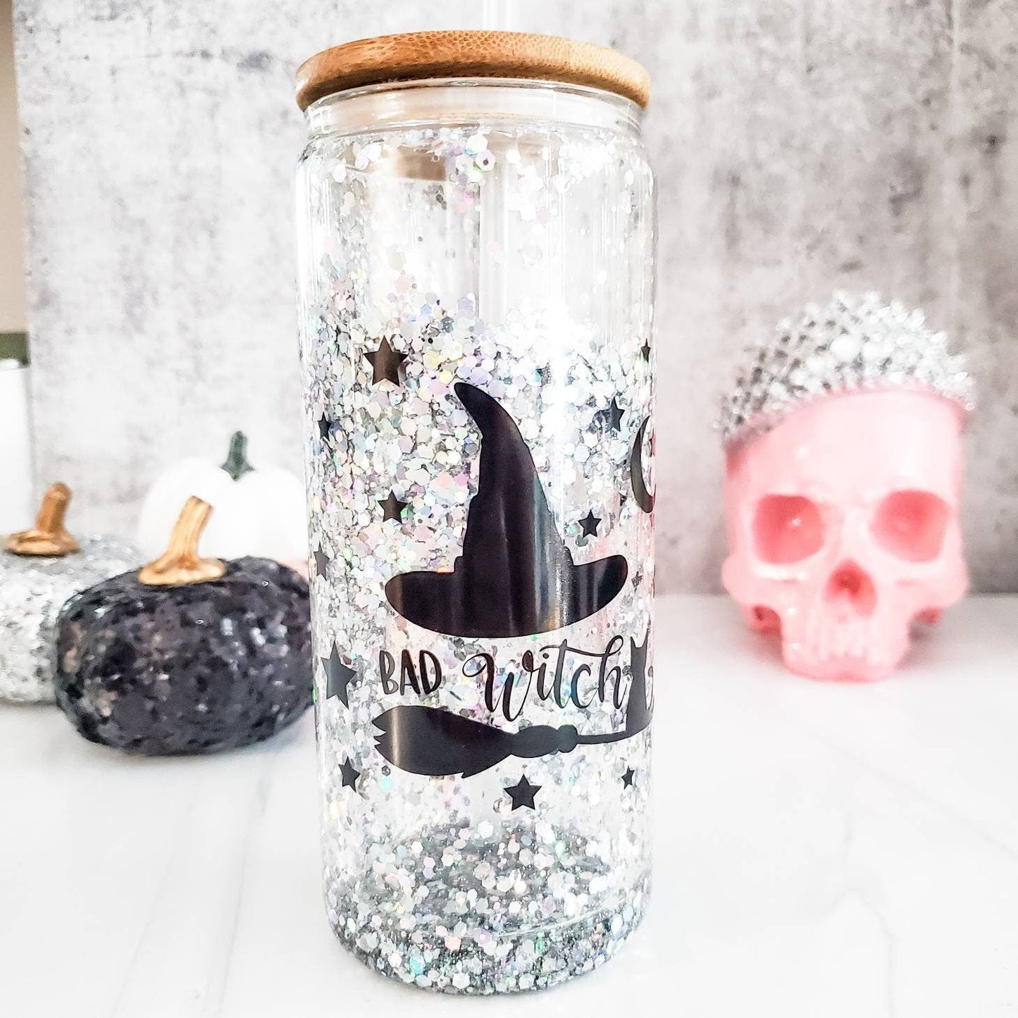 Witches Brew Halloween Snowglobe Glitter Iced Coffee Cup