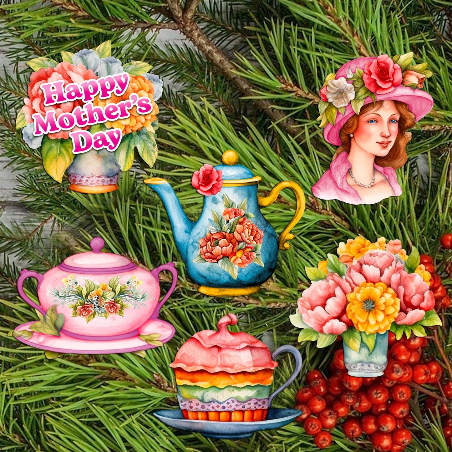 Happy Mother's Day Clip-On Eco Wood Decorative Ornaments Set of 6 by G. Debrekht - Love Family Decor - 8090059C-S6