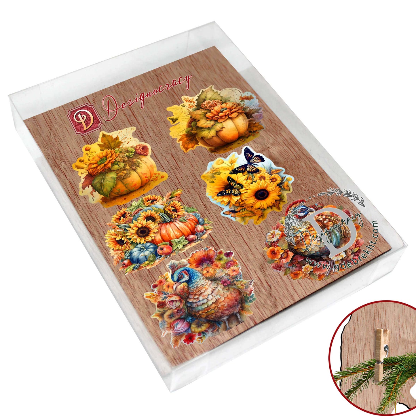 Happy Thanksgiving Clip-On Eco Wood Decorative Ornaments Set of 6 by G. Debrekht - Thanksgiving Decor - 8090018C-S6