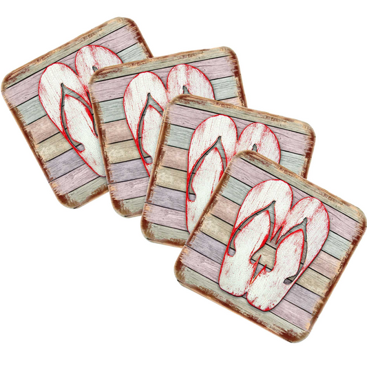 Flip Flops Coastal Wooden Cork Coasters Gift Set of 4 by Nature Wonders - Coastal Sea-Life Decor - 8198523-9C-S4