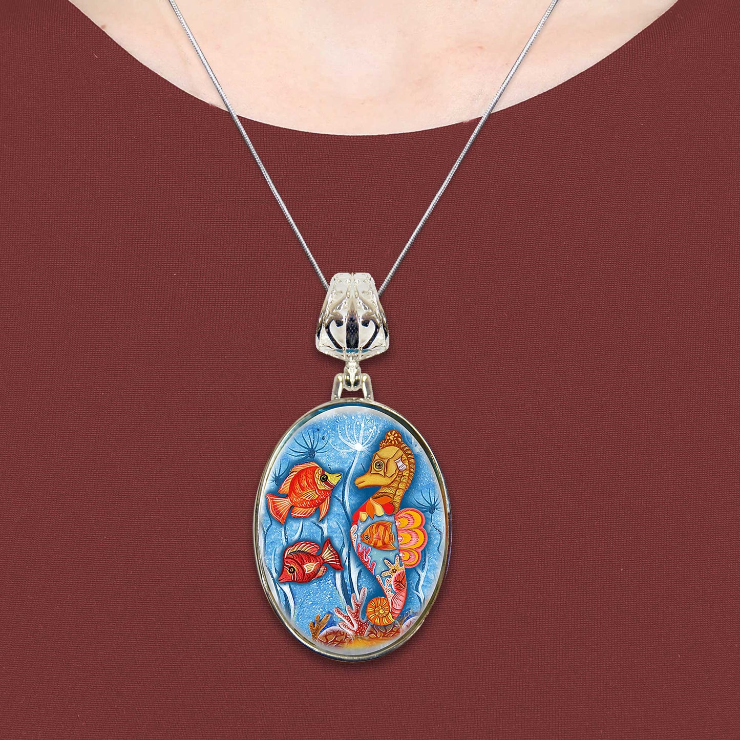 Seahorse Silver Plated Mother of Pearl Jewelry Pendant Necklace Coastal - 44045