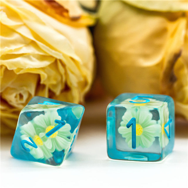 Sunflower Blue (Resin Flower) Dice 7-Dice Set Resin Dungeons and Dragons Dice