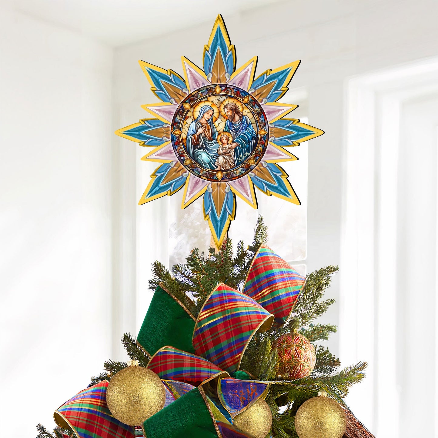 Peaceful Nativity Star Tree Topper Wooden Decor by G. Debrekht - Nativity Holiday Decor - 89505