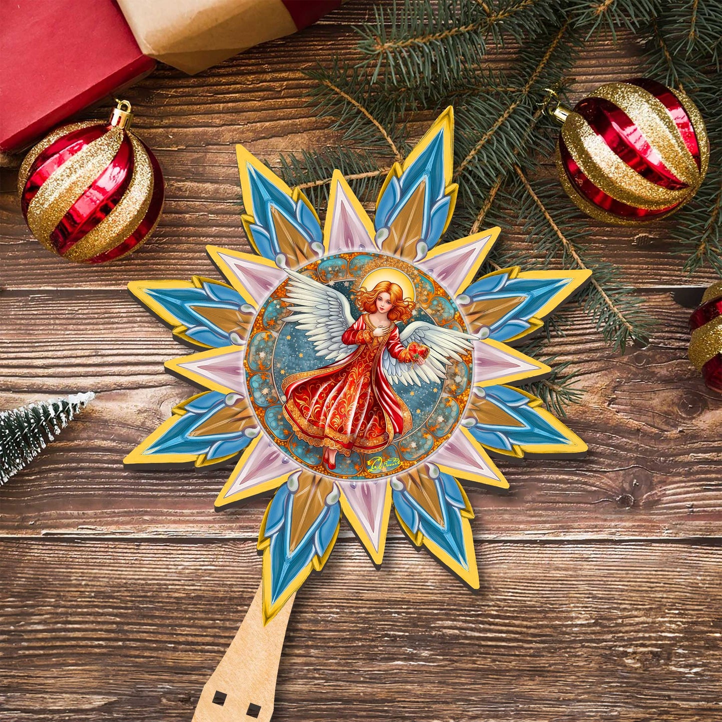 Angel with Love Star Tree Topper Wooden Decor by G. Debrekht - Nativity Holiday Decor - 89508