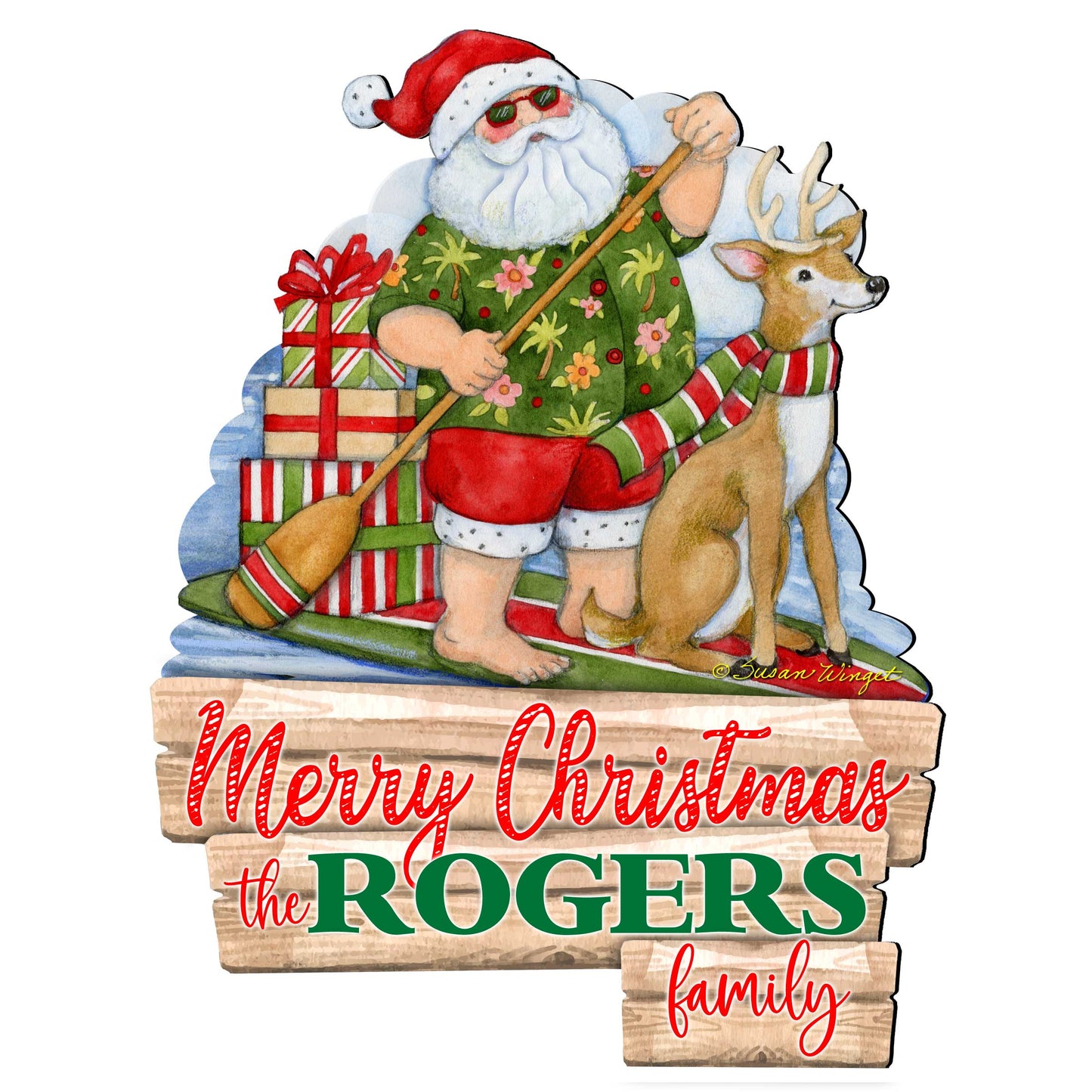 Christmas Decoration Personalized Holiday Welcome Sign with Last Name Santa Door Hanger by Susan Winget - Handmade Gift - 8471114HC-SW