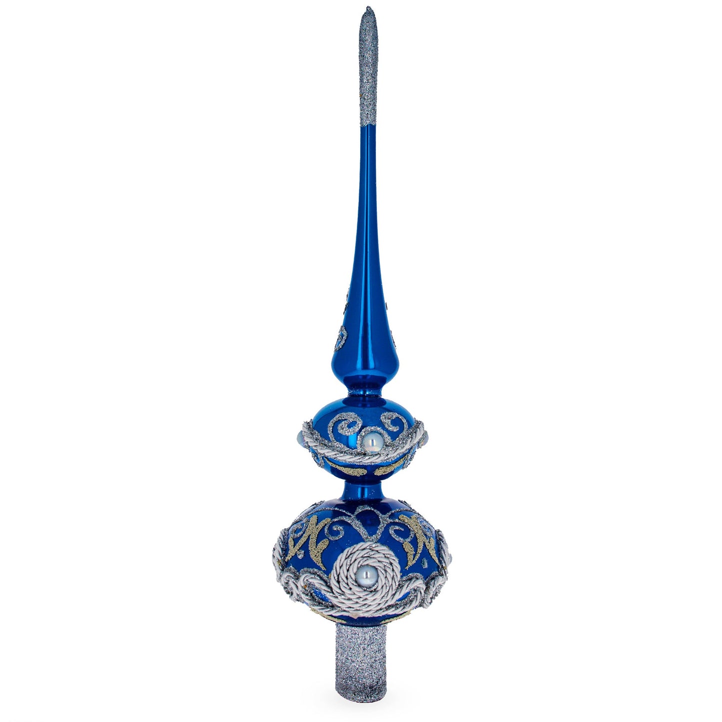 Pearls and Twisted Rope on Double Ball Blue Glass Christmas Tree Topper 12.5 Inches