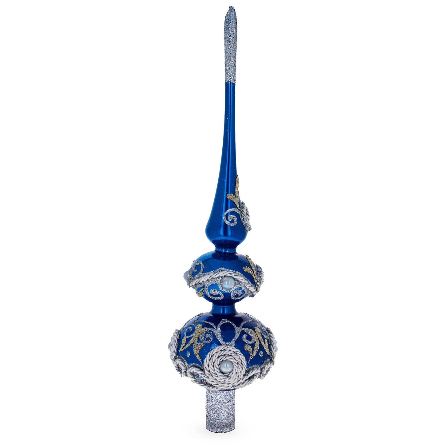 Pearls and Twisted Rope on Double Ball Blue Glass Christmas Tree Topper 12.5 Inches