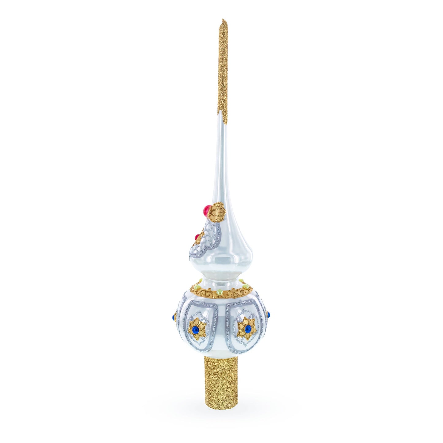 Dimensional Blue and Red Jewels on Silver Glass Christmas Tree Topper 11 Inches