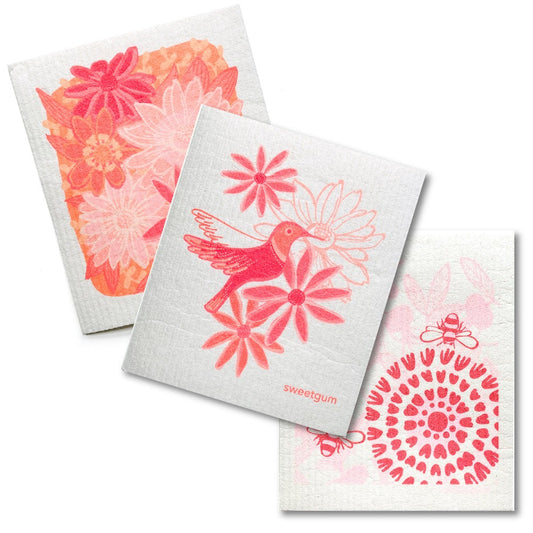 Bundle of 3 Swedish Dishcloths | Pink Flowers & Hummingbird