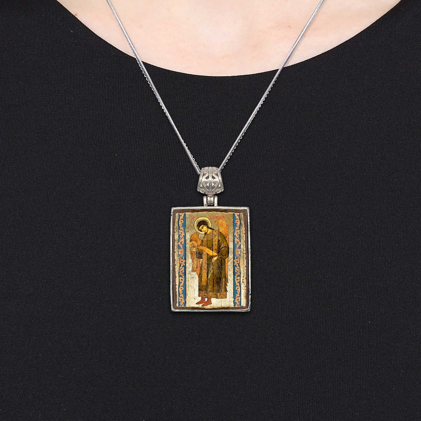 Saint Gabriel Archangel Religious Jewelry Silver Plated Necklace, Gold-Plated Wooden Cabochon - Christian Icon - Inspirational Icon Decor - 43041R
