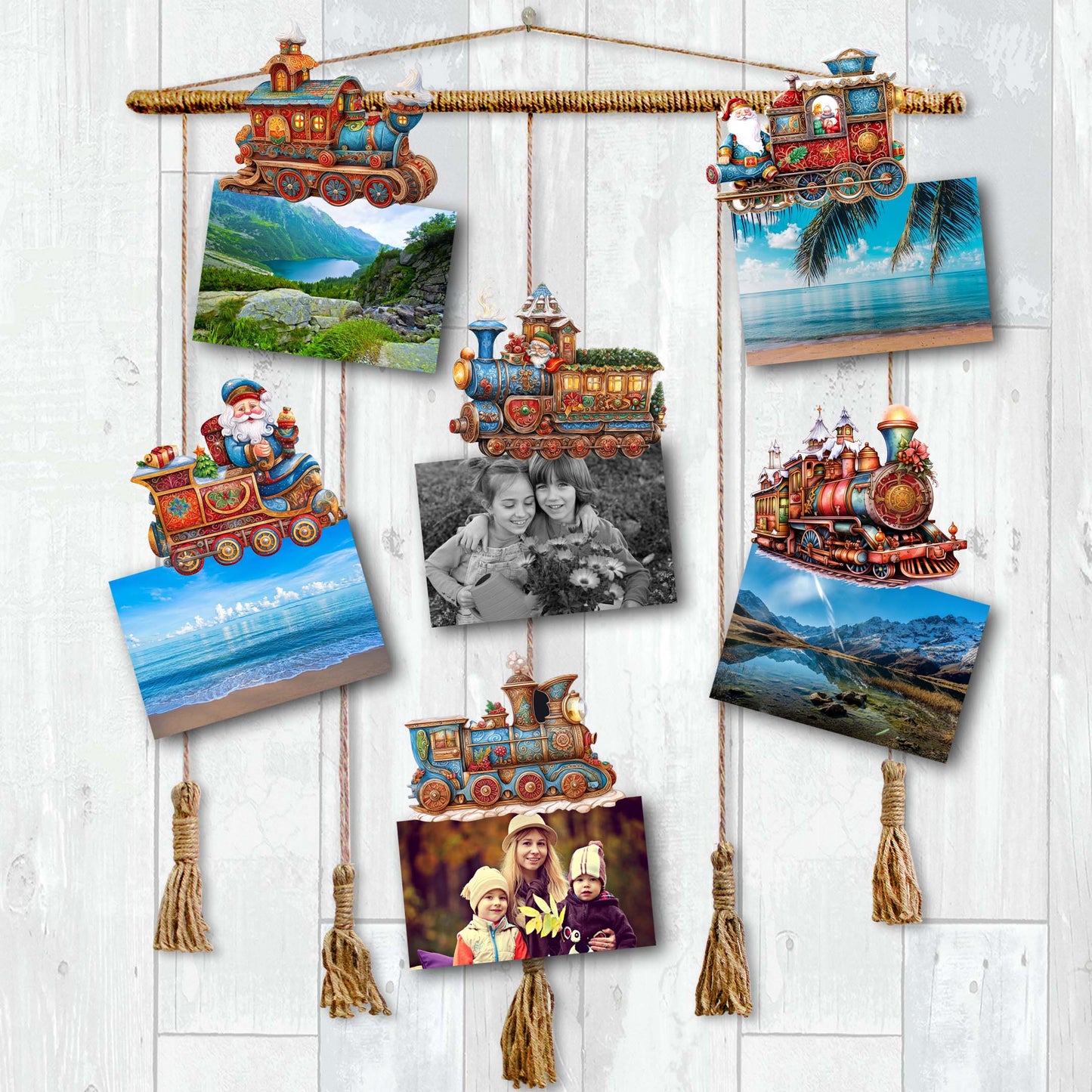 Santa Christmas Train Clip-On Eco Wood Decorative Ornaments Set of 6 by G. Debrekht - Christmas Decor - 8090123C-S6