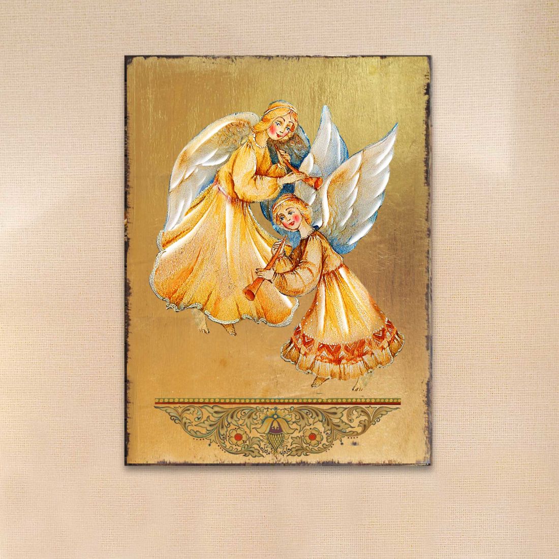 Angels Watching Over You Wooden Gold Plated Religious Christian Sacred Icon - Inspirational Icon Decor - 85046