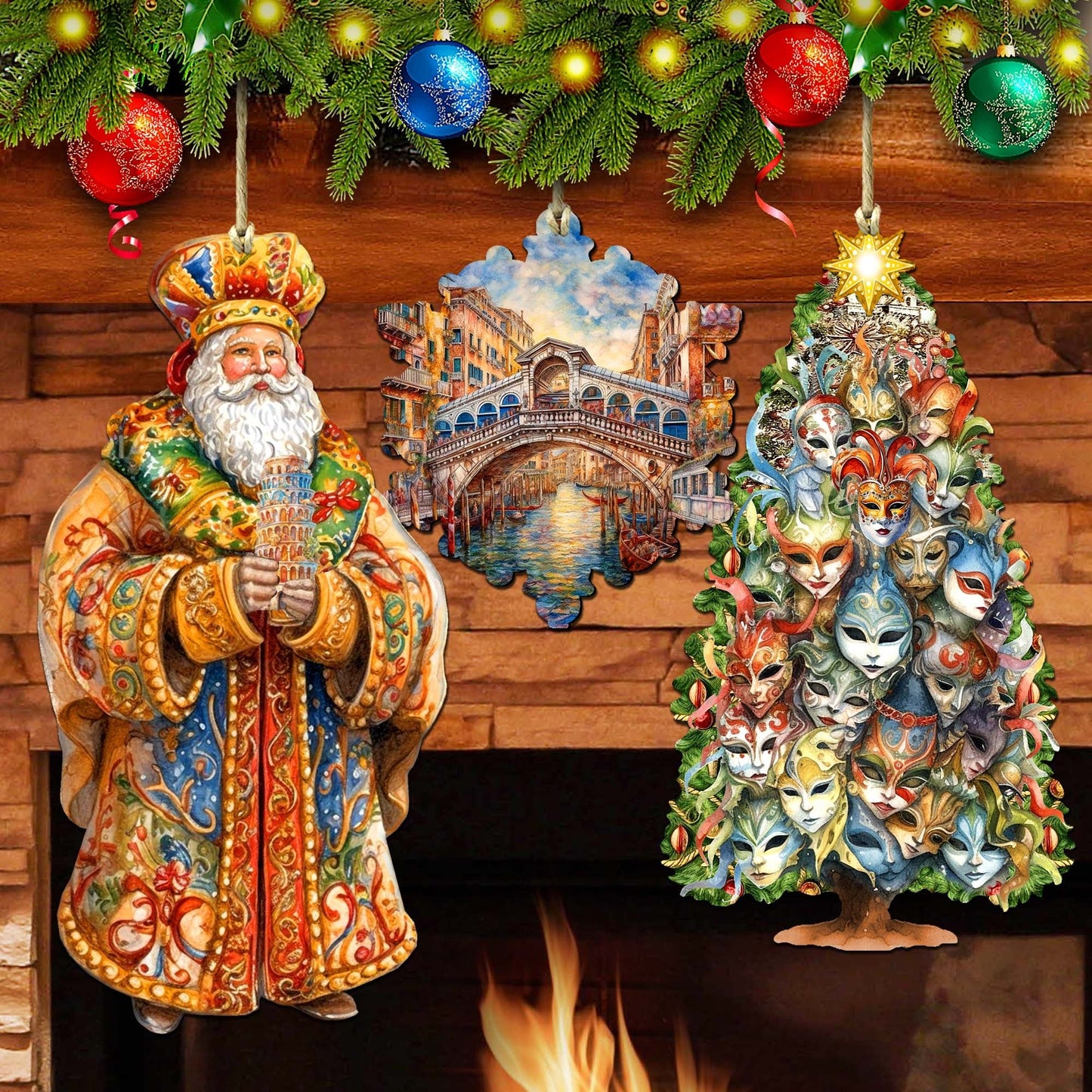 Santas Around the World - Italian Inspired Santa - Eco Wood Ornaments Set of 3 by G. DeBrekht Christmas Santa Snowman Decor - 8091307S3